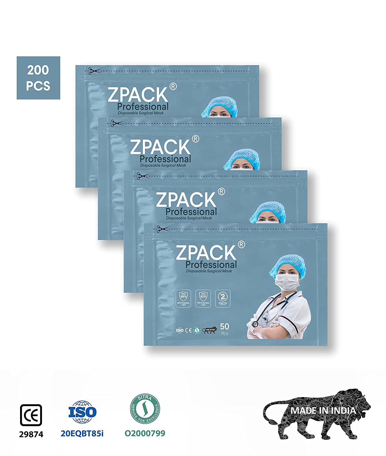 Zpack Professional 3 Ply MeltBlown Mask with Nose Wire