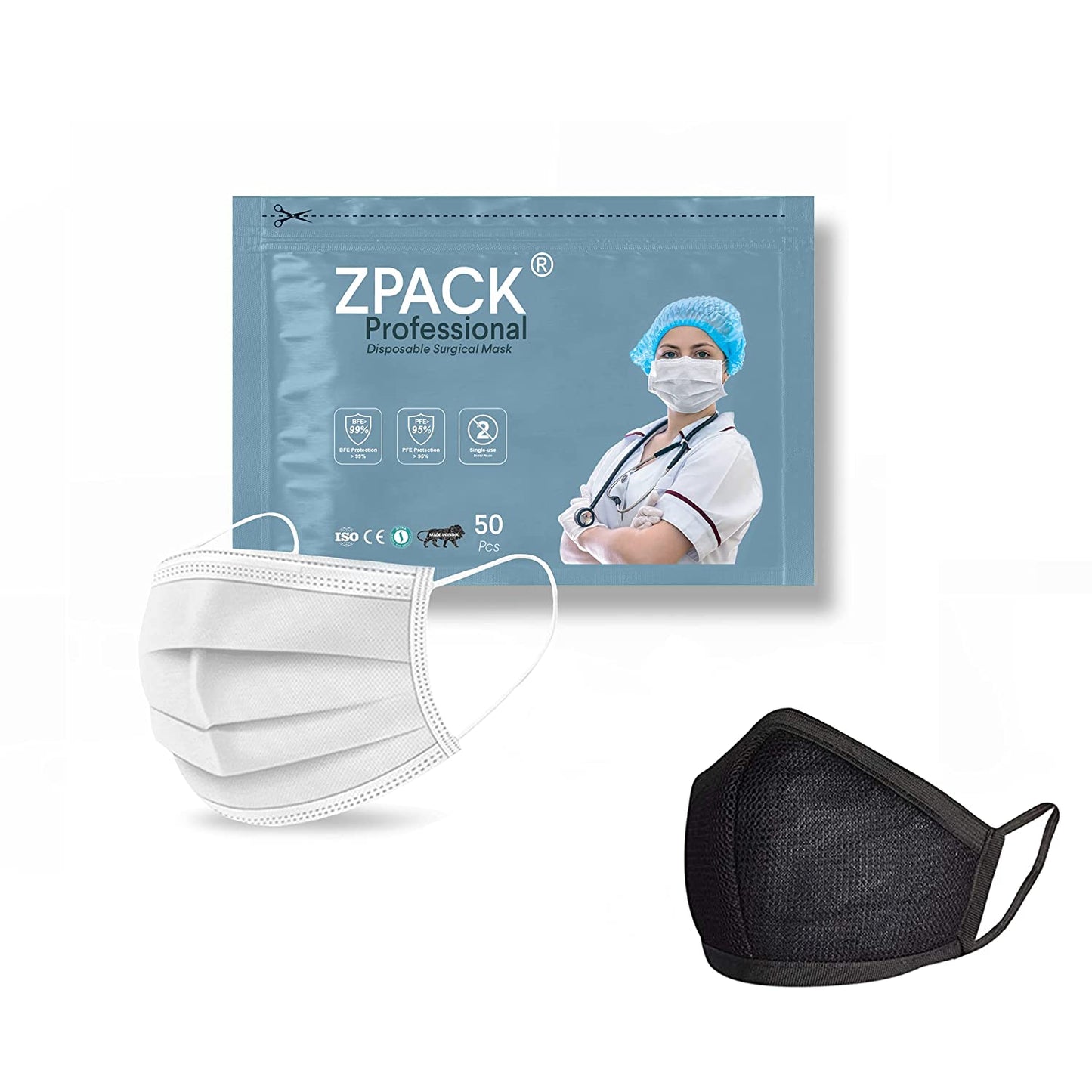 Zpack Professional 3 Ply MeltBlown Mask with Nose Wire